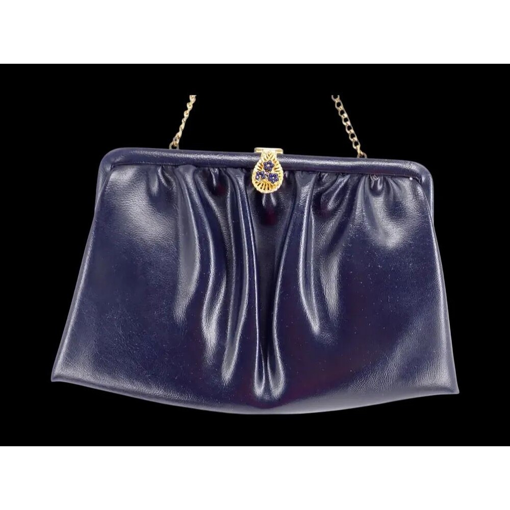 Vtg Blue Leather Evening Bag Convertible Clutch Gold Chain Strap Blue Bead Snap